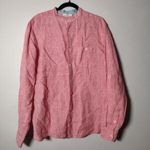 Murano Red And White Checkered Button-Down Mock Collar 100% Linen Men's Sz Large